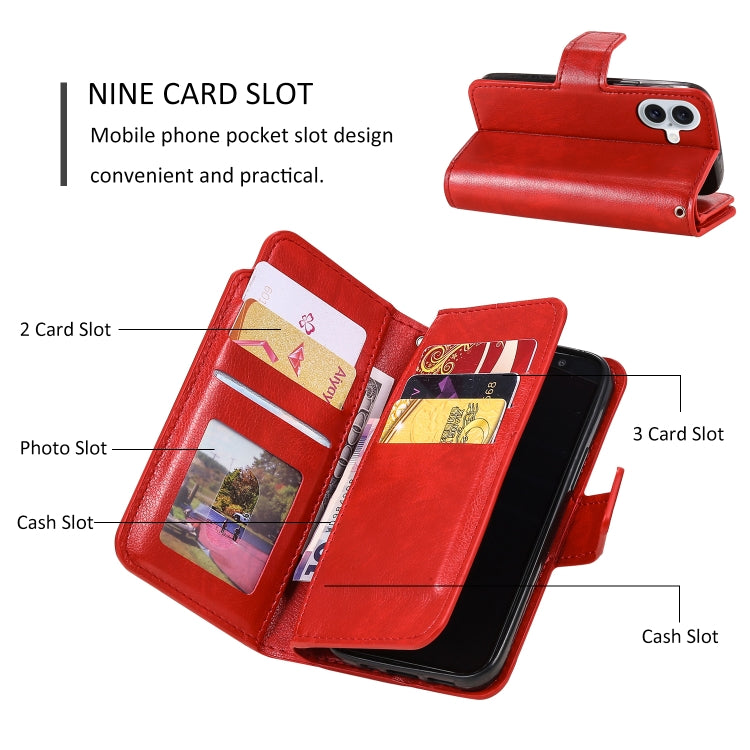 For iPhone 16 Plus Tri-Fold 9-Card Wallets Leather Phone Case(Red) - iPhone 16 Plus Cases by buy2fix | Online Shopping UK | buy2fix