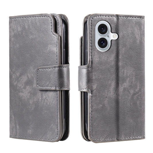 For iPhone 16 Tri-Fold 9-Card Wallets Leather Phone Case(Grey) by buy2fix