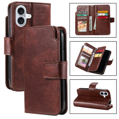 For iPhone 16 Tri-Fold 9-Card Wallets Leather Phone Case(Brown) by buy2fix