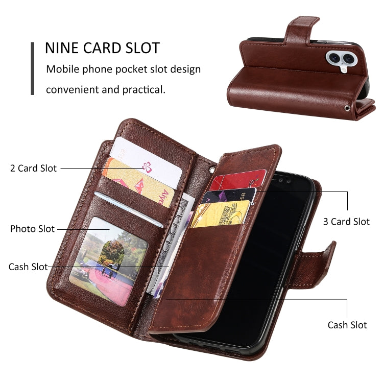 For iPhone 16 Tri-Fold 9-Card Wallets Leather Phone Case(Brown) by buy2fix