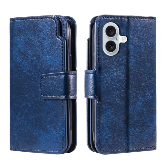 For iPhone 16 Tri-Fold 9-Card Wallets Leather Phone Case(Blue) by buy2fix