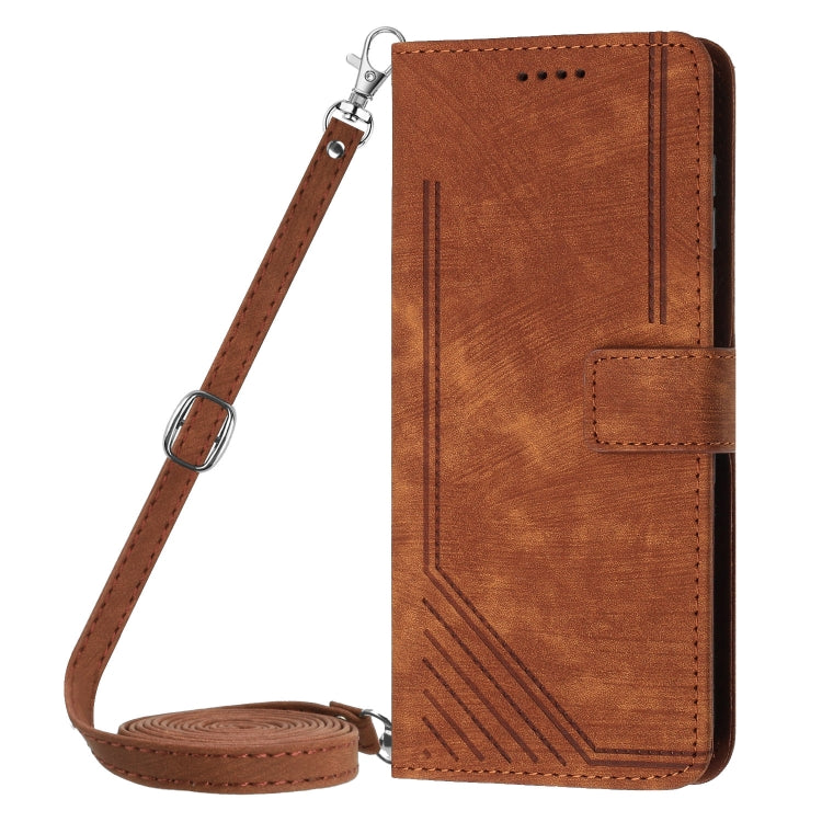 For Motorola Moto G Play 2024 Skin Feel Stripe Pattern Leather Phone Case with Lanyard(Brown) - Motorola Cases by buy2fix | Online Shopping UK | buy2fix