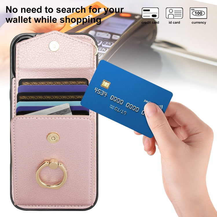 For iPhone 16 Plus Ring Holder RFID Card Slot Phone Case(Rose Gold) - iPhone 16 Plus Cases by buy2fix | Online Shopping UK | buy2fix