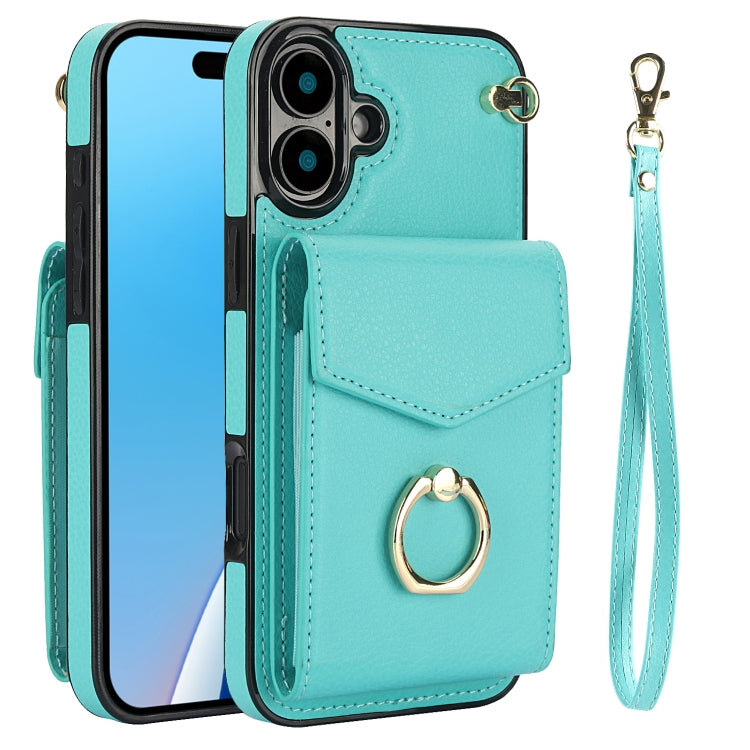 For iPhone 16 Plus Ring Holder RFID Card Slot Phone Case(Mint Green) - iPhone 16 Plus Cases by buy2fix | Online Shopping UK | buy2fix