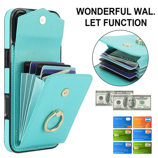 For iPhone 16 Plus Ring Holder RFID Card Slot Phone Case(Mint Green) by buy2fix