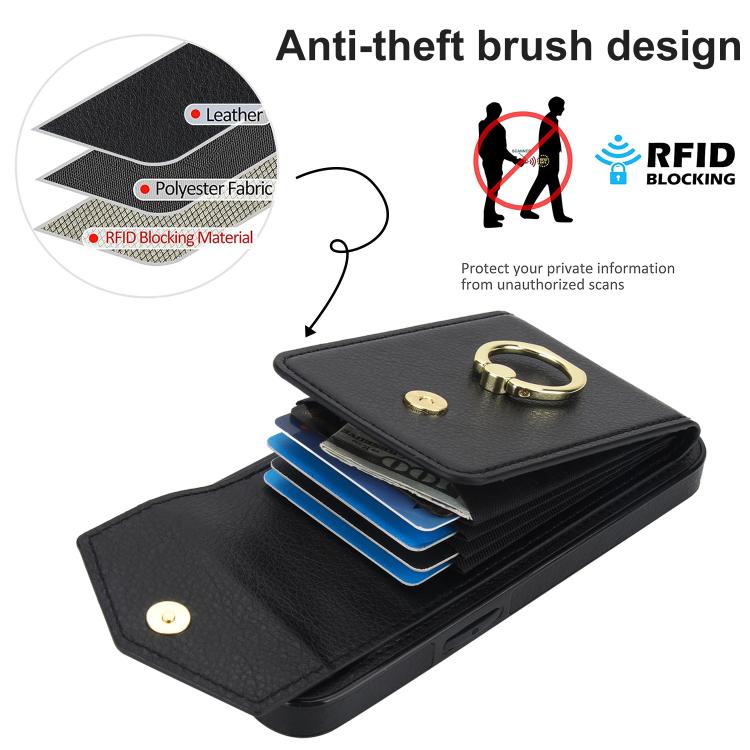 For iPhone 16e Ring Holder RFID Card Slot Phone Case(Black) - iPhone 16e Cases by buy2fix | Online Shopping UK | buy2fix