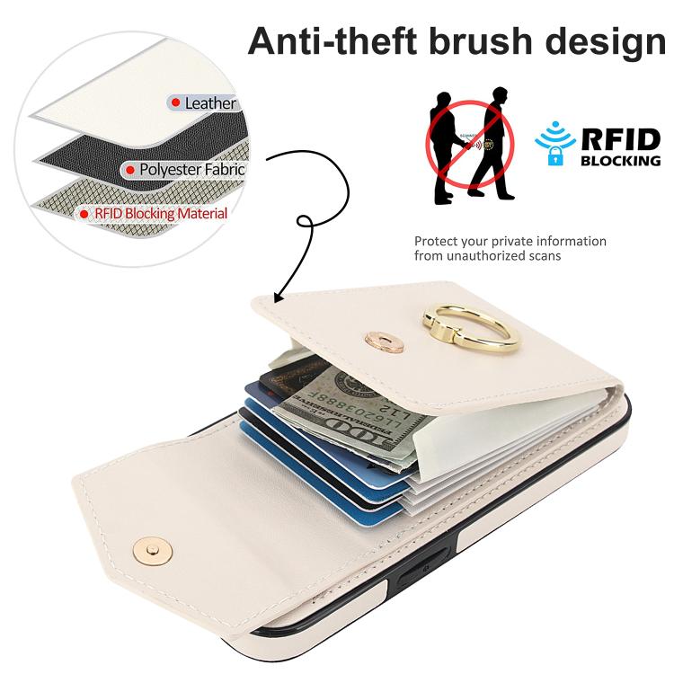 For iPhone 16e Ring Holder RFID Card Slot Phone Case(Beige) - iPhone 16e Cases by buy2fix | Online Shopping UK | buy2fix