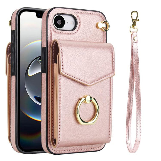 For iPhone 16e Ring Holder RFID Card Slot Phone Case(Rose Gold) - iPhone 16e Cases by buy2fix | Online Shopping UK | buy2fix