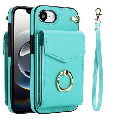 For iPhone 16e Ring Holder RFID Card Slot Phone Case(Mint Green) - iPhone 16e Cases by buy2fix | Online Shopping UK | buy2fix