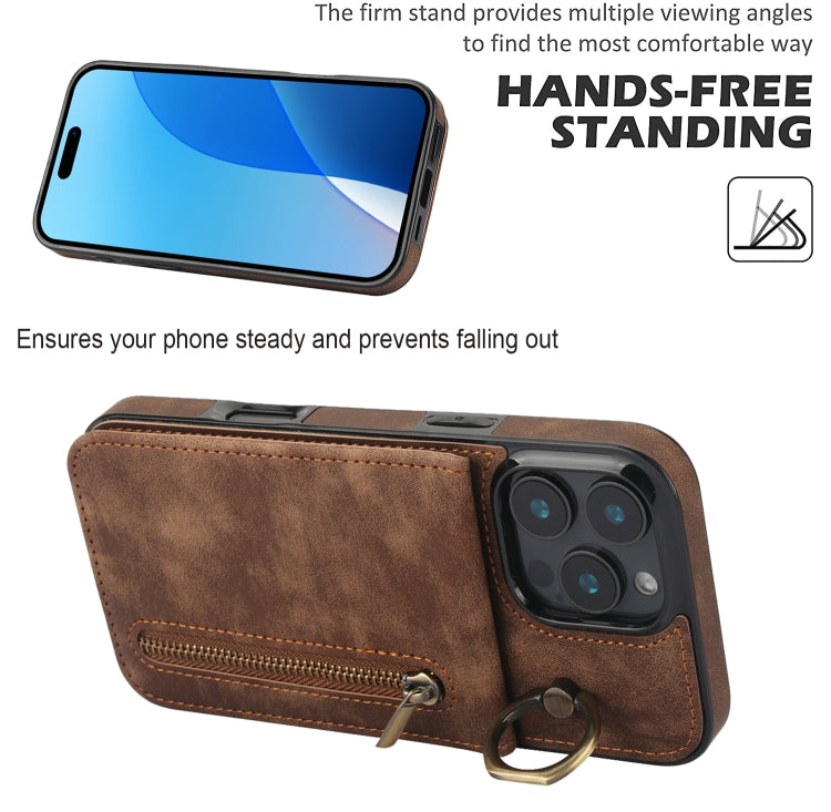 For iPhone 16 Pro Max Retro Ring and Zipper RFID Card Slot Phone Case(Brown) - iPhone 16 Pro Max Cases by buy2fix | Online Shopping UK | buy2fix