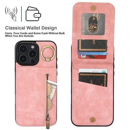 For iPhone 16 Pro Retro Ring and Zipper RFID Card Slot Phone Case(Pink) - iPhone 16 Pro Cases by buy2fix | Online Shopping UK | buy2fix