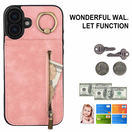 For iPhone 16 Plus Retro Ring and Zipper RFID Card Slot Phone Case(Pink) by buy2fix