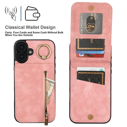 For iPhone 16 Plus Retro Ring and Zipper RFID Card Slot Phone Case(Pink) - iPhone 16 Plus Cases by buy2fix | Online Shopping UK | buy2fix