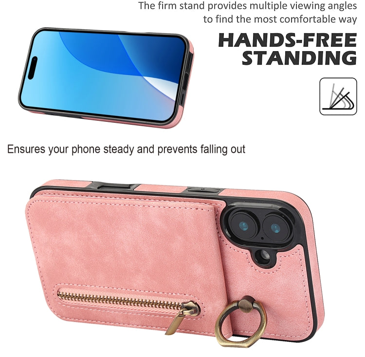 For iPhone 16 Plus Retro Ring and Zipper RFID Card Slot Phone Case(Pink) - iPhone 16 Plus Cases by buy2fix | Online Shopping UK | buy2fix