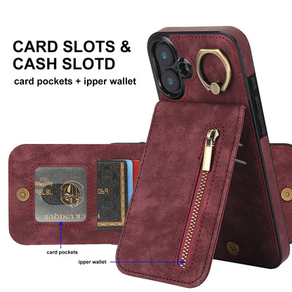 For iPhone 16 Plus Retro Ring and Zipper RFID Card Slot Phone Case(Wine Red) - iPhone 16 Plus Cases by buy2fix | Online Shopping UK | buy2fix