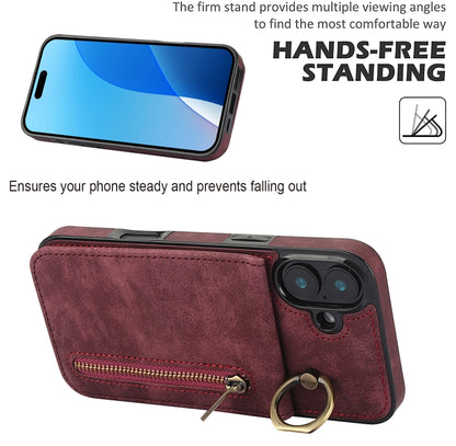 For iPhone 16 Plus Retro Ring and Zipper RFID Card Slot Phone Case(Wine Red) - iPhone 16 Plus Cases by buy2fix | Online Shopping UK | buy2fix