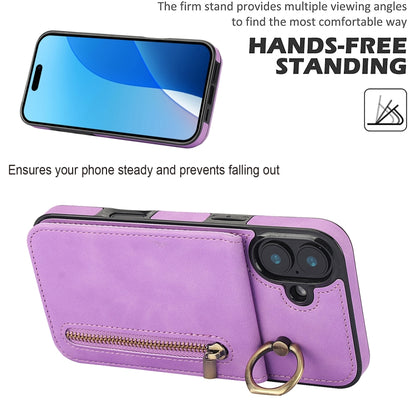 For iPhone 16 Plus Retro Ring and Zipper RFID Card Slot Phone Case(Purple) - iPhone 16 Plus Cases by buy2fix | Online Shopping UK | buy2fix