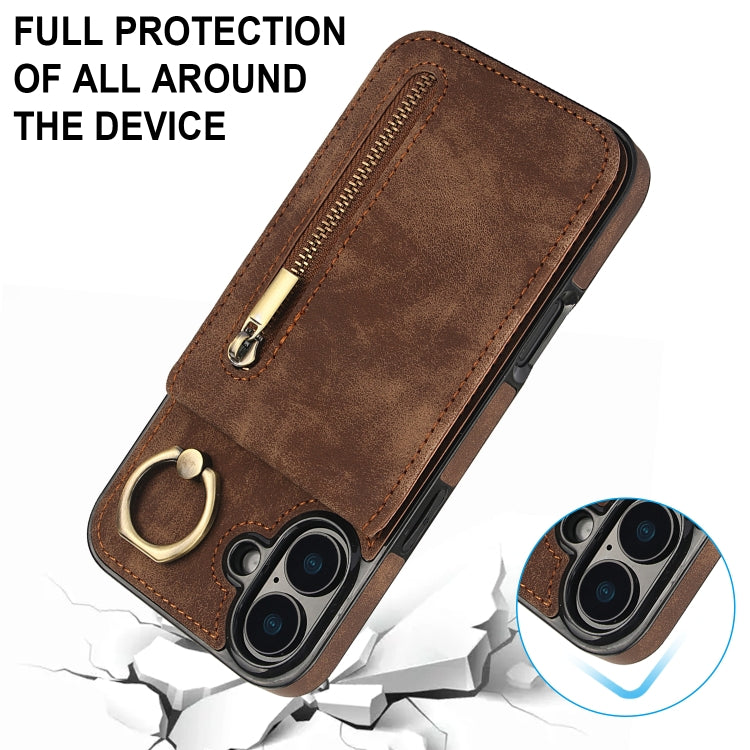 For iPhone 16 Plus Retro Ring and Zipper RFID Card Slot Phone Case(Brown) - iPhone 16 Plus Cases by buy2fix | Online Shopping UK | buy2fix