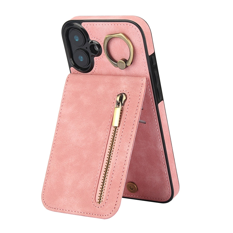 For iPhone 16 Retro Ring and Zipper RFID Card Slot Phone Case(Pink) - iPhone 16 Cases by buy2fix | Online Shopping UK | buy2fix