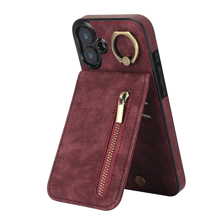 For iPhone 16 Retro Ring and Zipper RFID Card Slot Phone Case(Wine Red) - iPhone 16 Cases by buy2fix | Online Shopping UK | buy2fix