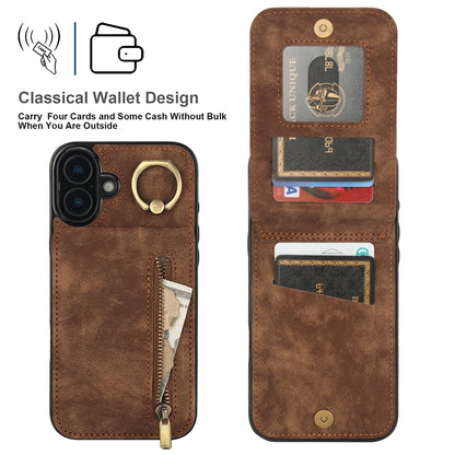 For iPhone 16 Retro Ring and Zipper RFID Card Slot Phone Case(Brown) - iPhone 16 Cases by buy2fix | Online Shopping UK | buy2fix