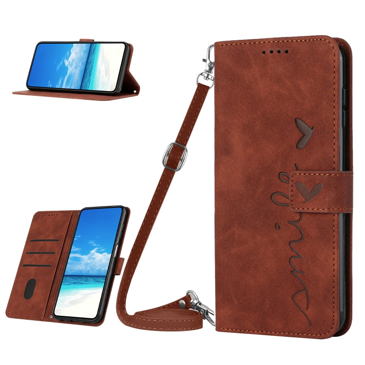 For OPPO A58 4G Skin Feel Heart Pattern Leather Phone Case with Lanyard(Brown) - OPPO Cases by buy2fix | Online Shopping UK | buy2fix