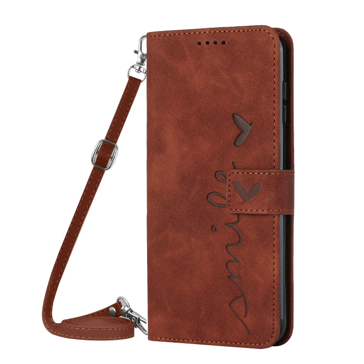 For OPPO A58 4G Skin Feel Heart Pattern Leather Phone Case with Lanyard(Brown) - OPPO Cases by buy2fix | Online Shopping UK | buy2fix