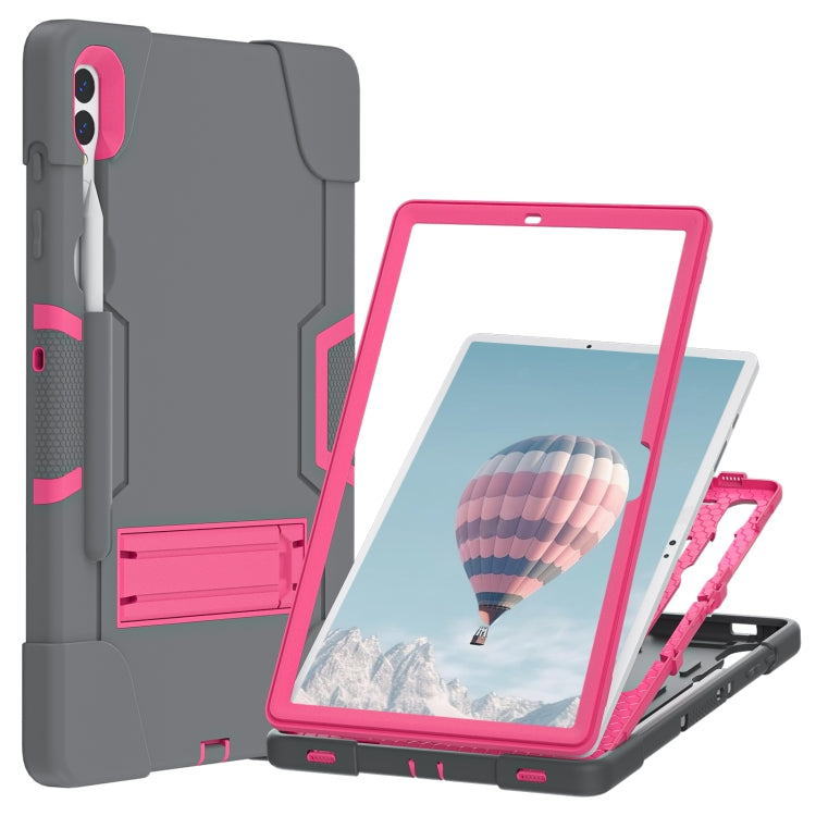 For Samsung Galaxy Tab S9+ Contrast Color Silicone PC Tablet Case with Holder(Grey + Rose Red) - Galaxy Tab S9+ Cases by buy2fix | Online Shopping UK | buy2fix