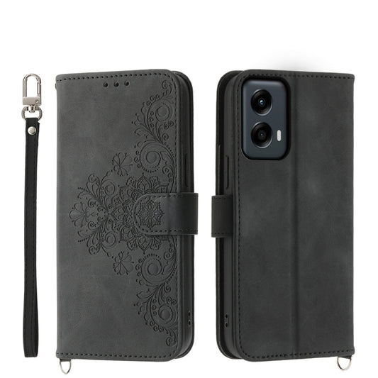 For Motorola Moto G Stylus 5G 2024 Skin-feel Flowers Embossed Wallet Leather Phone Case(Black) - Motorola Cases by buy2fix | Online Shopping UK | buy2fix