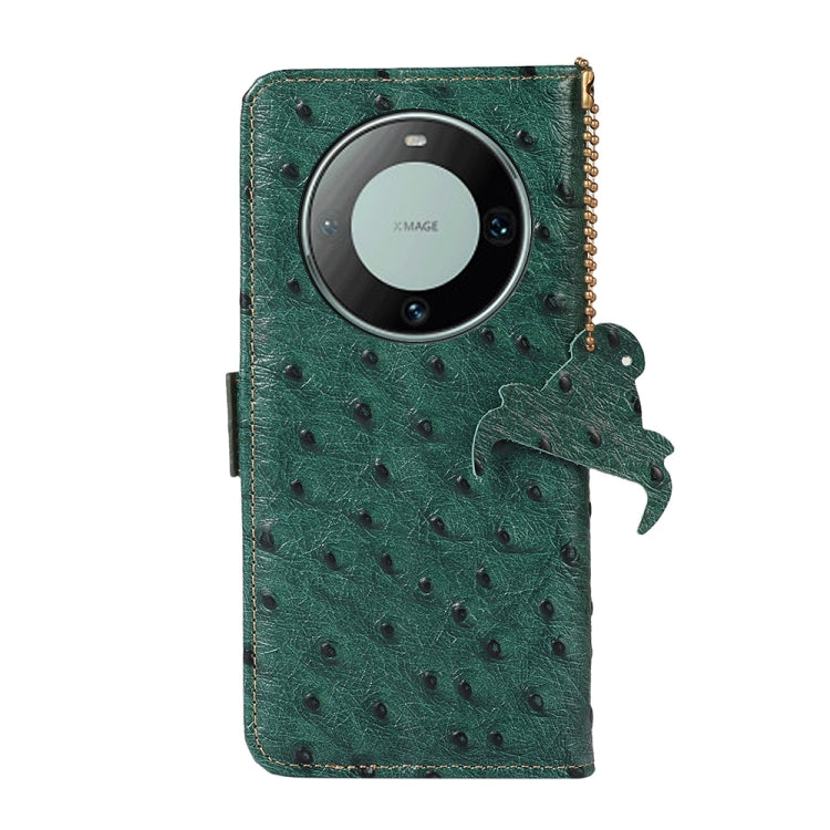 For Huawei Mate 60 Pro Ostrich Pattern Genuine Leather RFID Phone Case(Green) - Huawei Cases by buy2fix | Online Shopping UK | buy2fix