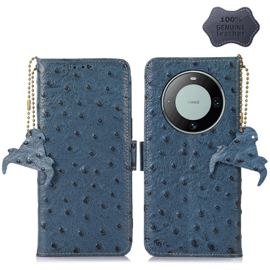 For Huawei Mate 60 Ostrich Pattern Genuine Leather RFID Phone Case(Blue) - Huawei Cases by buy2fix | Online Shopping UK | buy2fix