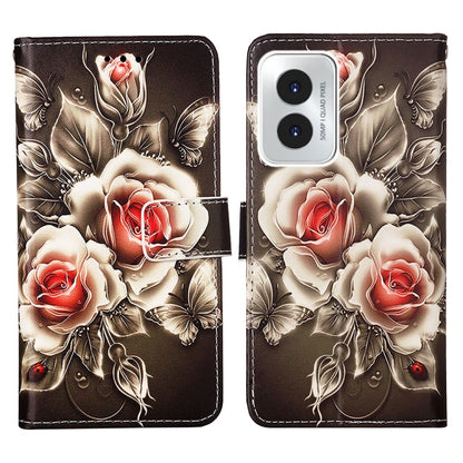 For Motorola Moto G Play 4G 2024 Colored Drawing Pattern Plain Weave Leather Phone Case(Roses On Black) - Motorola Cases by buy2fix | Online Shopping UK | buy2fix