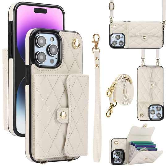 For iPhone 15 Pro Crossbody Rhombic Horizontal Wallet Leather Phone Case(White)