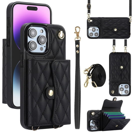 For iPhone 15 Pro Crossbody Rhombic Horizontal Wallet Leather Phone Case(Black) - iPhone 15 Pro Cases by buy2fix | Online Shopping UK | buy2fix