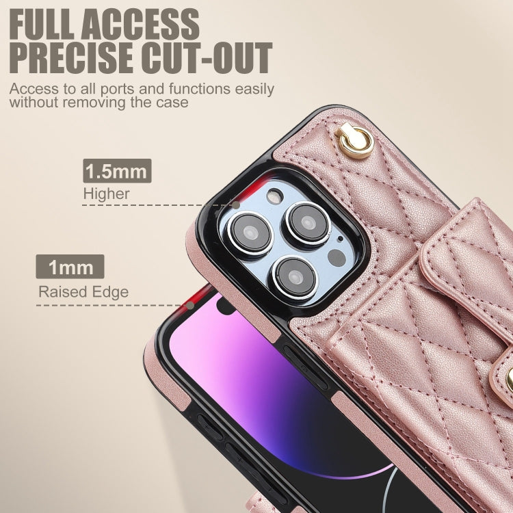 For iPhone 15 Pro Crossbody Rhombic Horizontal Wallet Leather Phone Case(Rose Gold) - iPhone 15 Pro Cases by buy2fix | Online Shopping UK | buy2fix
