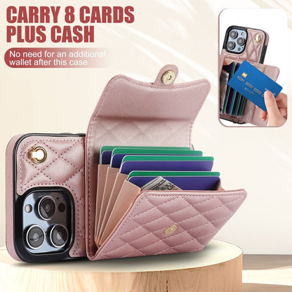 For iPhone 15 Pro Crossbody Rhombic Horizontal Wallet Leather Phone Case(Rose Gold) - iPhone 15 Pro Cases by buy2fix | Online Shopping UK | buy2fix