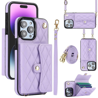 For iPhone 15 Pro Crossbody Rhombic Horizontal Wallet Leather Phone Case(Purple) - iPhone 15 Pro Cases by buy2fix | Online Shopping UK | buy2fix