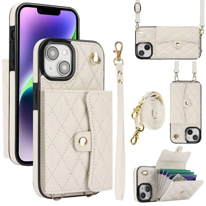For iPhone 15 Plus Crossbody Rhombic Horizontal Wallet Leather Phone Case(White) - iPhone 15 Plus Cases by buy2fix | Online Shopping UK | buy2fix