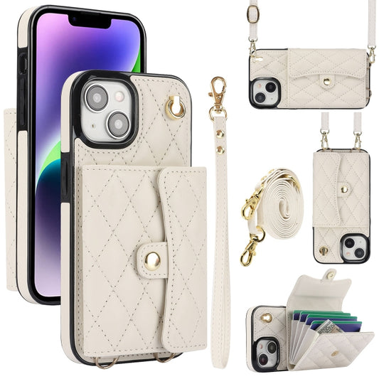 For iPhone 15 Plus Crossbody Rhombic Horizontal Wallet Leather Phone Case(White) - iPhone 15 Plus Cases by buy2fix | Online Shopping UK | buy2fix