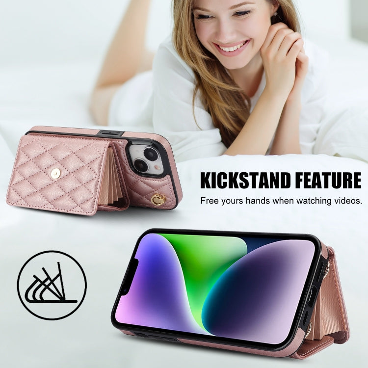 For iPhone 15 Plus Crossbody Rhombic Horizontal Wallet Leather Phone Case(Rose Gold) - iPhone 15 Plus Cases by buy2fix | Online Shopping UK | buy2fix