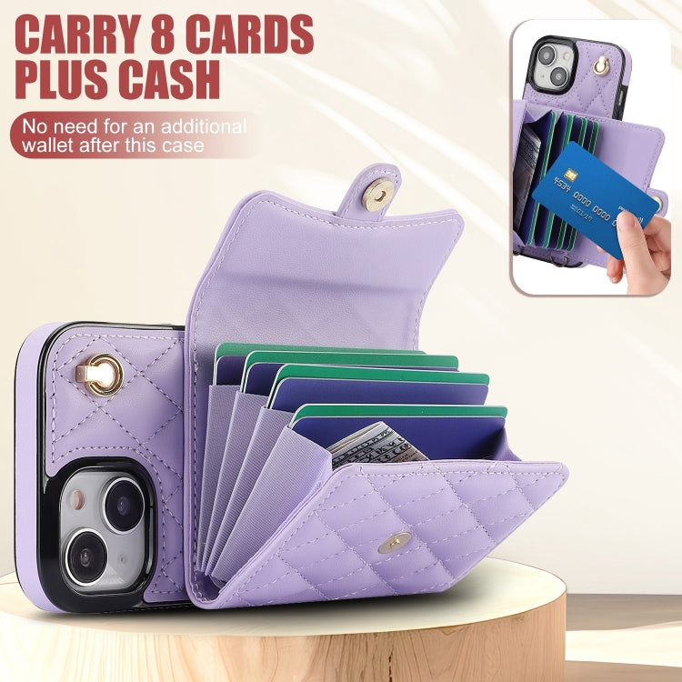 For iPhone 15 Plus Crossbody Rhombic Horizontal Wallet Leather Phone Case(Purple) - iPhone 15 Plus Cases by buy2fix | Online Shopping UK | buy2fix