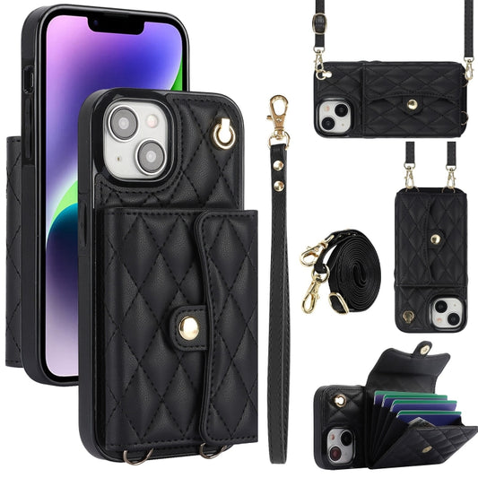 For iPhone 15 Crossbody Rhombic Horizontal Wallet Leather Phone Case(Black) - iPhone 15 Cases by buy2fix | Online Shopping UK | buy2fix