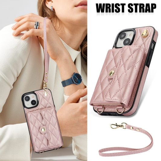For iPhone 15 Crossbody Rhombic Horizontal Wallet Leather Phone Case(Rose Gold) - iPhone 15 Cases by buy2fix | Online Shopping UK | buy2fix