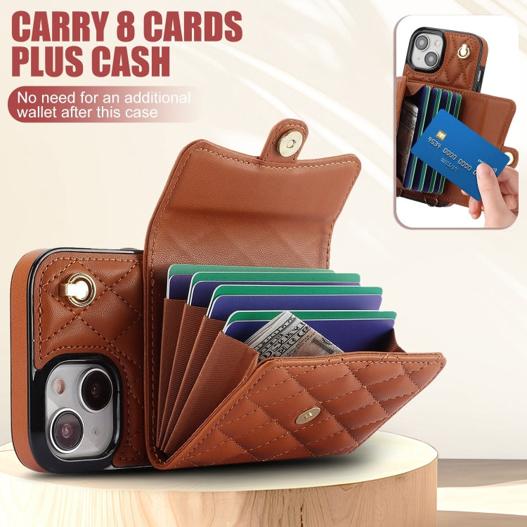 For iPhone 15 Crossbody Rhombic Horizontal Wallet Leather Phone Case(Brown) - iPhone 15 Cases by buy2fix | Online Shopping UK | buy2fix