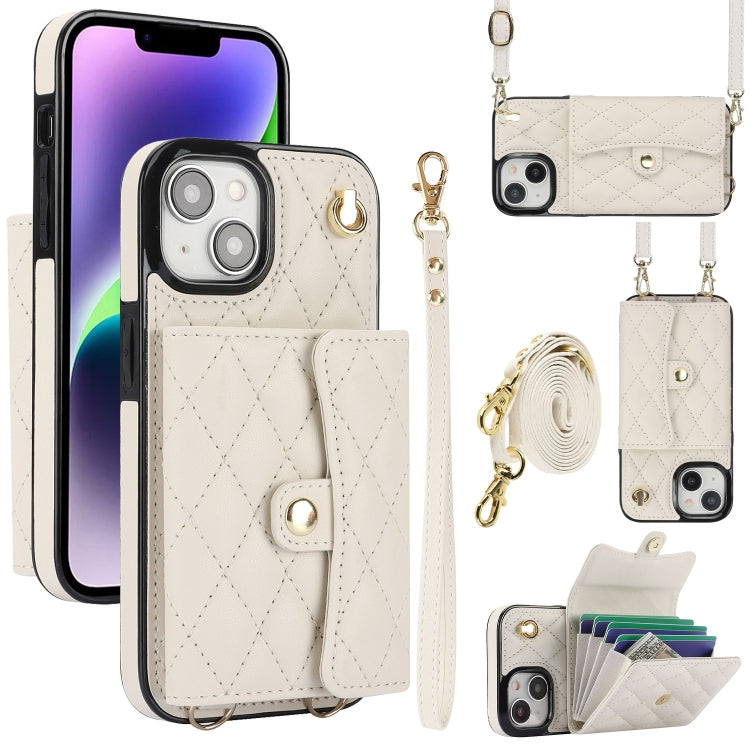 For iPhone 14 Plus Crossbody Rhombic Horizontal Wallet Leather Phone Case(White) - iPhone 14 Plus Cases by buy2fix | Online Shopping UK | buy2fix