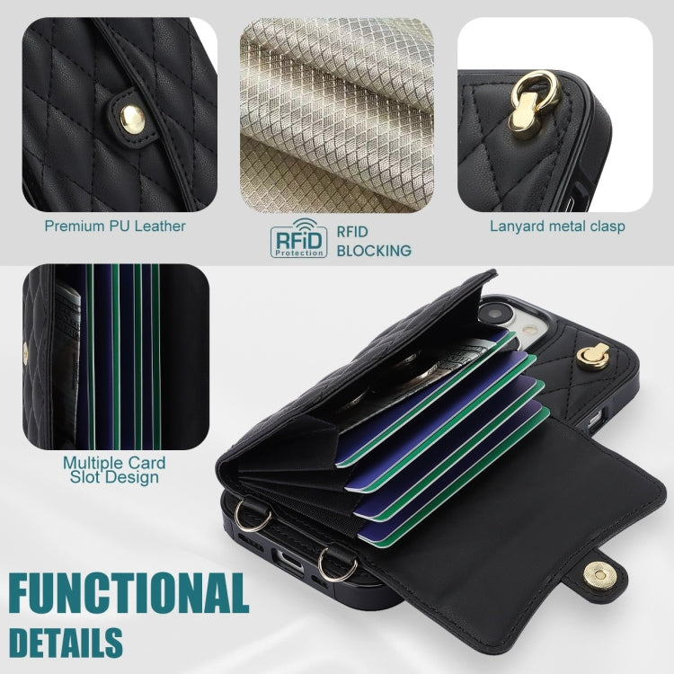 For iPhone 14 Plus Crossbody Rhombic Horizontal Wallet Leather Phone Case(Black) - iPhone 14 Plus Cases by buy2fix | Online Shopping UK | buy2fix
