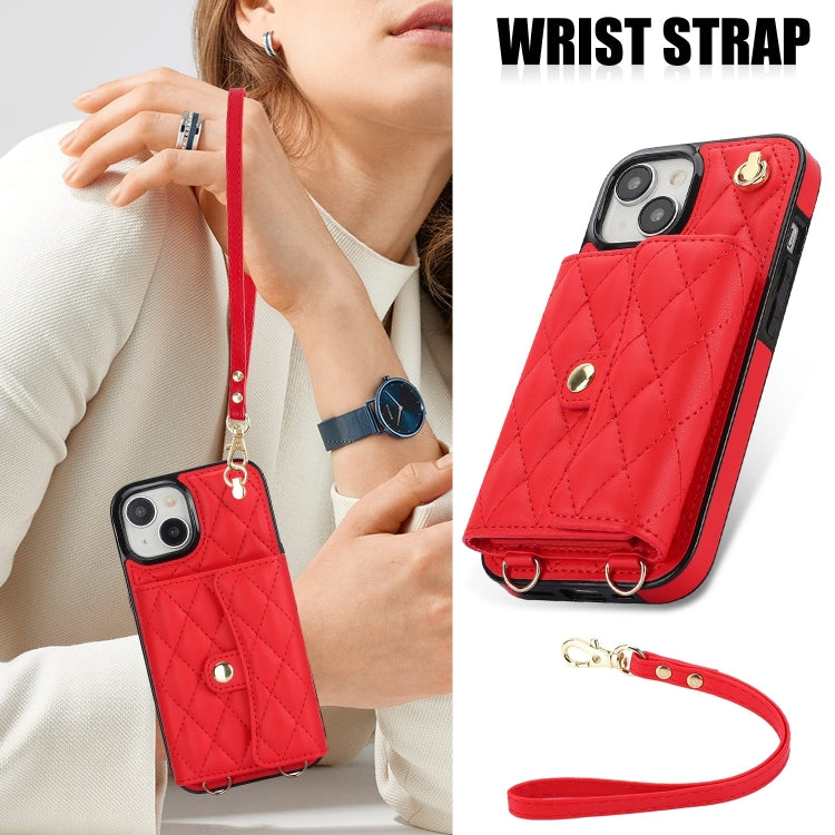 For iPhone 14 Plus Crossbody Rhombic Horizontal Wallet Leather Phone Case(Red) - iPhone 14 Plus Cases by buy2fix | Online Shopping UK | buy2fix