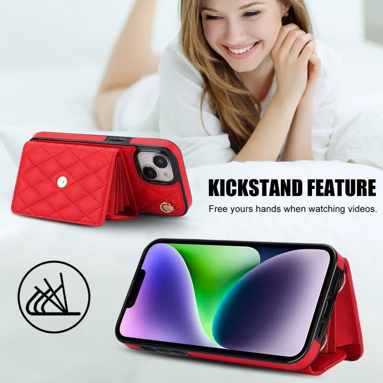 For iPhone 14 Plus Crossbody Rhombic Horizontal Wallet Leather Phone Case(Red) - iPhone 14 Plus Cases by buy2fix | Online Shopping UK | buy2fix