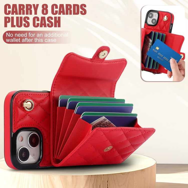 For iPhone 14 Plus Crossbody Rhombic Horizontal Wallet Leather Phone Case(Red) - iPhone 14 Plus Cases by buy2fix | Online Shopping UK | buy2fix
