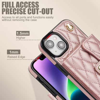 For iPhone 14 Plus Crossbody Rhombic Horizontal Wallet Leather Phone Case(Rose Gold) - iPhone 14 Plus Cases by buy2fix | Online Shopping UK | buy2fix